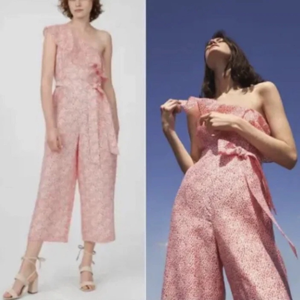 Club Monaco Lene Jumpsuit One Shoulder Ruffle Red White Floral Print Belted Crop